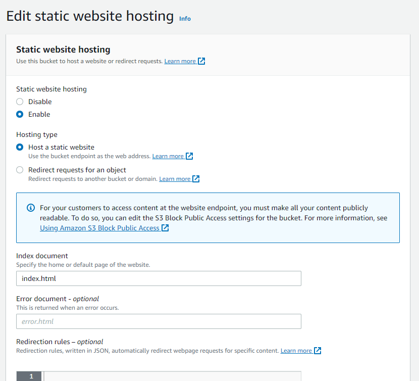 Enable static website hosting