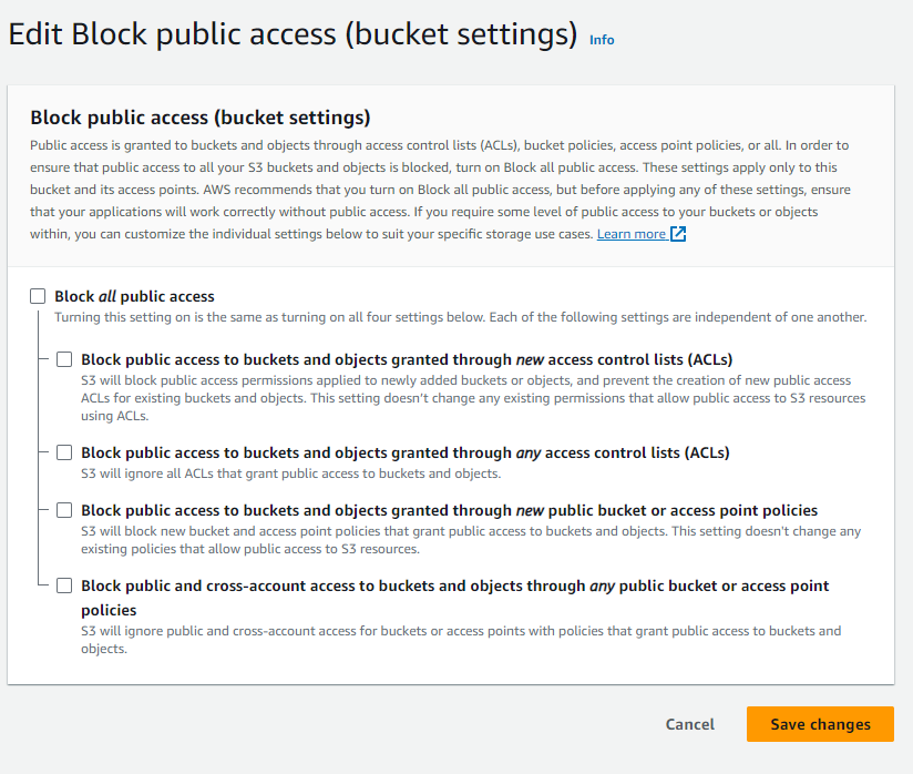 Uncheck block all public access